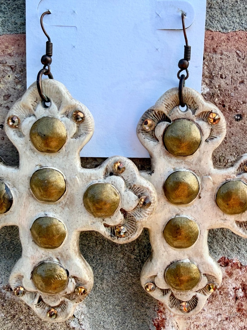 D’Vine Designs White and Gold Clay Cross Drop Earrings